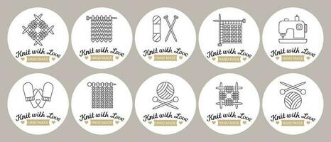 Set of stickers Knitting. knitting needles with skeins of yarn and lettering Knit with love. Hobby icons, logo, vector