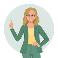 A girl in glasses with a joyful expression raised her finger, an idea, a solution to a problem. Emotions and gestures. Flat style illustration, vector