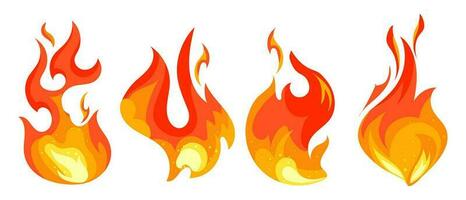 Fire flame, set. Hot flaming elements. Bonfire. Decorative elements. Icons, vector