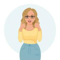 joven mujer en lentes con un alegre expresión y un Okay gesto. emociones y gestos plano estilo ilustración, vector