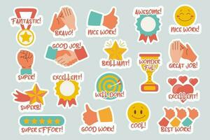 Collection of motivational stickers for great work. Stickers, badges, icons. Flat style, vector