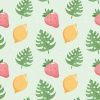 Seamless pattern, lemons, strawberries and monstera leaves. Print, summer background, textile, vector