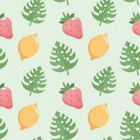 Seamless pattern, lemons, strawberries and monstera leaves. Print, summer background, textile, vector