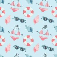 Seamless pattern, bikini, sunglasses, seashells on a gentle background. Print, summer background, textile, wallpaper, vector
