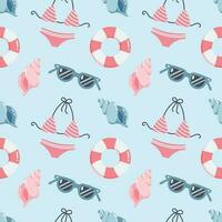 Seamless pattern, bikini, sunglasses, seashells on a gentle background. Print, summer background, textile, wallpaper, vector