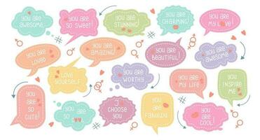 Set of inspirational speech bubbles with compliments, quotes about love for yourself and others. Cartoon icons, stickers, vector