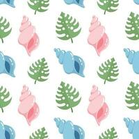Seamless pattern, sea shells and tropical monstera leaves. Print, summer background, textile, vector