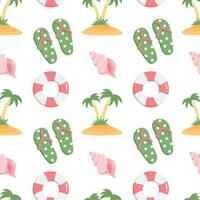 Seamless pattern, seashells, flip flops, palm trees and rubber rings on a white background. Print, summer background, textile, vector