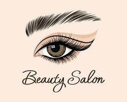 Female eye with long eyelashes and lettering Beauty salon. Female languid look. Beauty logo, print, vector