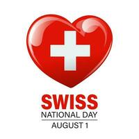 Swiss National Day. August 1. Flag of Switzerland in the shape of a heart. Illustration, banner, vector