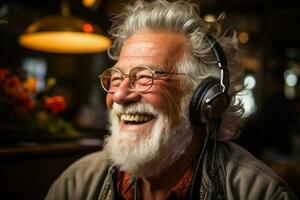 portrait a happy senior man in summer shirt and in wireless headphones dancing. AI Generated photo