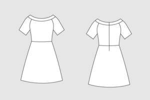 Female dress vector template isolated on a grey background. Front and back view. Outline fashion technical sketch of clothes model.