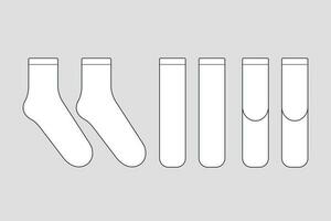 Socks vector template isolated on white. Unisex clothes. Apparel models sketch set. Outline for fashion clothes design. Front, right and back view.