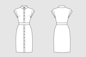 Female dress vector template isolated on a grey background. Front and back view. Outline fashion technical sketch of clothes model.