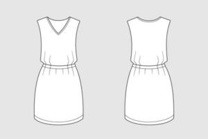 Female dress vector template isolated on a grey background. Front and back view. Outline fashion technical sketch of clothes model.