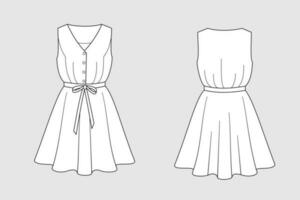 Female dress vector template isolated on a grey background. Front and back view. Outline fashion technical sketch of clothes model.