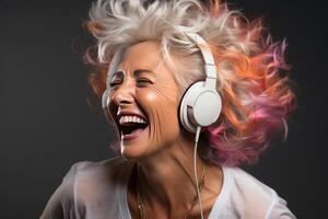 portrait a happy senior woman in wireless headphones dancing, singing. AI Generated photo