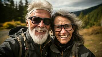 Happy older couple explores nature. AI Generated photo