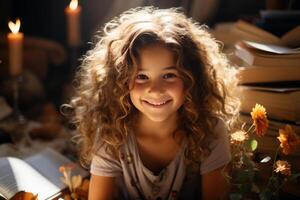 portrait of a happy child little girl with glasses sitting on a stack of books and reading a books. AI Generated photo