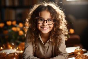 portrait of a happy child little girl with glasses sitting on a stack of books and reading a books. photo