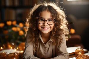 retrato de un contento niño pequeño niña con lentes sentado en un apilar de libros y leyendo un libros. ai generado foto