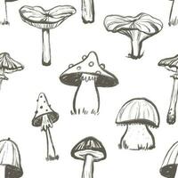 Seamless Doodle pattern with mushroom illustration. Endless background with mushroom in silhouette. Minimal style. Perfect for cards, party invitations, posters, nursery, stickers, clothing vector