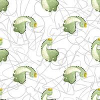 Childish seamless dino pattern..Kids baby pattern with cute dinosaurs. Seamless repeating pattern with green dinosaurs with crown. Seamless vector pattern Scandinavian childish pattern with dinosaurs.