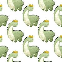 Childish seamless dino pattern..Kids baby pattern with cute dinosaurs. Seamless repeating pattern with green dinosaurs with crown. Seamless vector pattern Scandinavian childish pattern with dinosaurs.