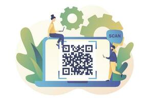 QR Code scanning concept. Tiny people scan code using smartphone. Modern flat cartoon style. Vector illustration on white background