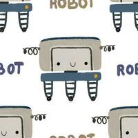 Seamless pattern with different vintage robots. Hand painted illustration. Isolated endless repeating color simple flat pattern with robots, bolts, lettering and doodles. Pattern for kids with robots vector