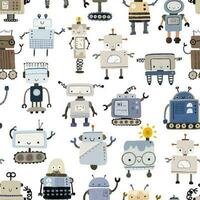 Seamless pattern with different vintage robots. Hand painted illustration. Isolated endless repeating color simple flat pattern with robots, bolts, lettering and doodles. Pattern for kids with robots vector