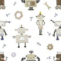 Seamless pattern with different vintage robots. Hand painted illustration. Isolated endless repeating color simple flat pattern with robots, bolts, lettering and doodles. Pattern for kids with robots vector