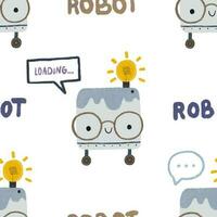 Seamless pattern with different vintage robots. Hand painted illustration. Isolated endless repeating color simple flat pattern with robots, bolts, lettering and doodles. Pattern for kids with robots vector