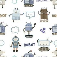 Seamless pattern with different vintage robots. Hand painted illustration. Isolated endless repeating color simple flat pattern with robots, bolts, lettering and doodles. Pattern for kids with robots vector