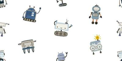 vistoso dibujos animados robots aislado antecedentes sin costura modelo. interminable modelo con diferente robots repitiendo color sencillo plano modelo con monstruos modelo para niños con dibujos animados caracteres. vector