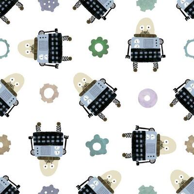 Seamless pattern with different vintage robots. Hand painted illustration. Isolated endless repeating color simple flat pattern with robots, bolts, lettering and doodles. Pattern for kids with robots