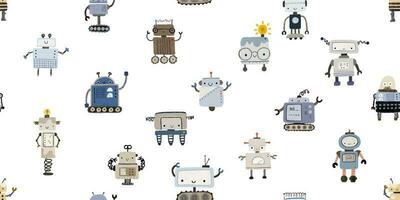 Colorful cartoon robots isolated background seamless pattern. Endless pattern with different robots. Repeating color simple flat pattern with monsters. Pattern for kids with cartoon characters. vector