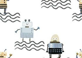 Childish seamless pattern with robots. Funny cartoon rotot, childish illustration. vector