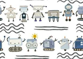 Childish seamless pattern with robots. Funny cartoon rotot, childish illustration. vector