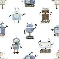 Seamless pattern with different vintage robots. Hand painted illustration. Isolated endless repeating color simple flat pattern with robots, bolts, lettering and doodles. Pattern for kids with robots vector