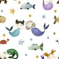 seamless pattern with Sea cartoon mermaids. Mermaid character, fish and underwater life. Cartoon girl with mermaids tail, underwater fishes. Summer pattern, nursery design and print vector