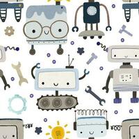 Seamless pattern with different vintage robots. Hand painted illustration. Isolated endless repeating color simple flat pattern with robots, bolts, lettering and doodles. Pattern for kids with robots vector