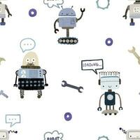 Seamless pattern with different vintage robots. Hand painted illustration. Isolated endless repeating color simple flat pattern with robots, bolts, lettering and doodles. Pattern for kids with robots vector