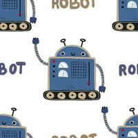 Seamless pattern with different vintage robots. Hand painted illustration. Isolated endless repeating color simple flat pattern with robots, bolts, lettering and doodles. Pattern for kids with robots vector