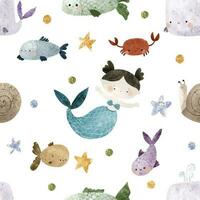 seamless pattern with Sea cartoon mermaids. Mermaid character, fish and underwater life. Cartoon girl with mermaids tail, underwater fishes. Summer pattern, nursery design and print vector