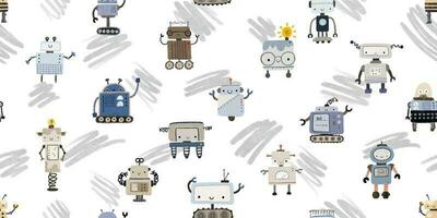 Colorful cartoon robots isolated background seamless pattern. Endless pattern with different robots. Repeating color simple flat pattern with monsters. Pattern for kids with cartoon characters. vector