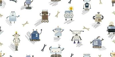 Colorful cartoon robots isolated background seamless pattern. Endless pattern with different robots. Repeating color simple flat pattern with monsters. Pattern for kids with cartoon characters. vector