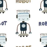 Seamless pattern with different vintage robots. Hand painted illustration. Isolated endless repeating color simple flat pattern with robots, bolts, lettering and doodles. Pattern for kids with robots vector