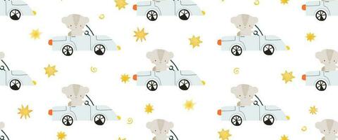 funny cartoon animals drive the car. Cute childhood illustration. Seamless pattern for wrapping paper. Endless design for nursery vector