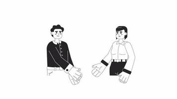 Closing business deal bw cartoon animation. Startup partners shaking hands 4K video motion graphic. Business success couple 2D monochrome line animated characters isolated on white background